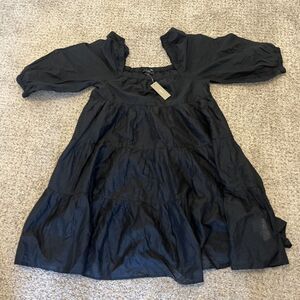 J CREW Calliste Mini Dress Square Neck Puff Sleeve Babydoll Black Oversized XXS